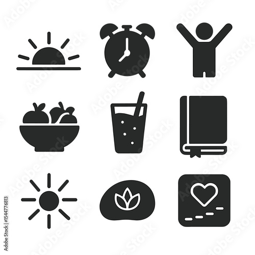 Morning Wellness Icons. Solid, filled icons set of morning wellness habits: sunrise icon, alarm clock,