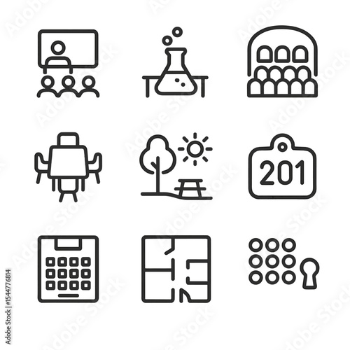 Room Icons Collection. Outline icon set of room and venue assignments: lecture hall, lab room, auditorium, breakout room, outdoor