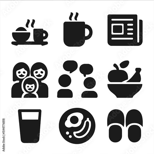 Morning Routine Icons. Solid, filled icons set of morning family routines: breakfast table, coffee mug, family