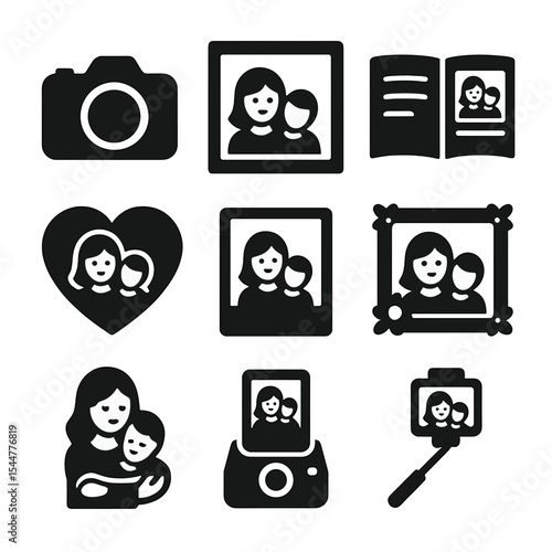 Mother's Day Icons. Solid, filled icons set of Mother’s Day photo moments: camera click, framed photo, photo