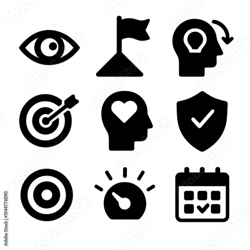 Motivation Icon Set. Solid, filled icons set of motivation and mindset coaching: vision icon, purpose flag,