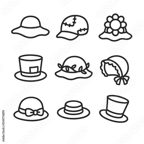 Whimsical Hat Icons. Outline icon set of whimsical hat variations: floppy brim hat, patchwork cap, sunflower hat, pocket hat, vine