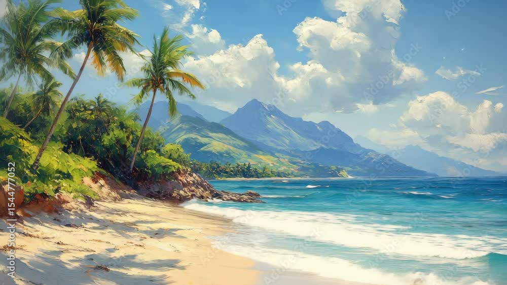A stunning tropical landscape unfolds along the shore, where gentle waves kiss the sandy beach. Lush palm trees sway under the vibrant sky, creating a tranquil oasis perfect for relaxation. A stunning tropical landscape unfolds along the shore, where gentle waves kiss the sandy beach. Lush palm trees sway under the vibrant sky, creating a tranquil oasis perfect for relaxation.
