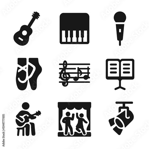 Music Icons Grid. Solid, filled icons set of music and performing arts: guitar, piano, microphone, stage spotlight, dance shoes, musical staff, sheet music, practice session, live performance.