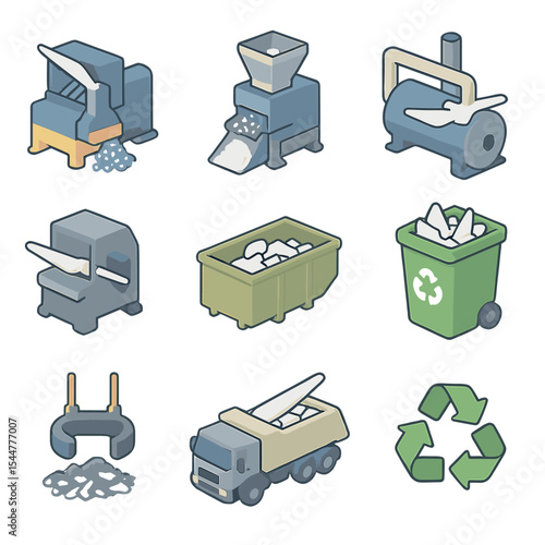 Wind Turbine Recycling Icons. Isometric Flat icon set of wind turbine blade recycling and disposal: shredding machine, granulator,