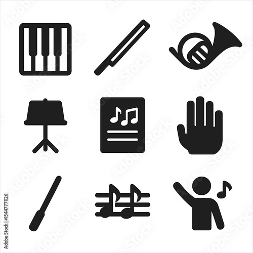 Musical Instrument Icons. Solid, filled icons set of instrumental practice and performance: piano keys, string