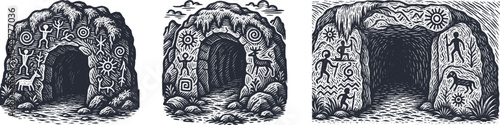 Black Engraving Woodcut of Ancient Stone Cave with Tribal Carvings – Brush Grain Texture – Historical Illustration for Vintage Postal Stamp or Antique Etching Design Collection