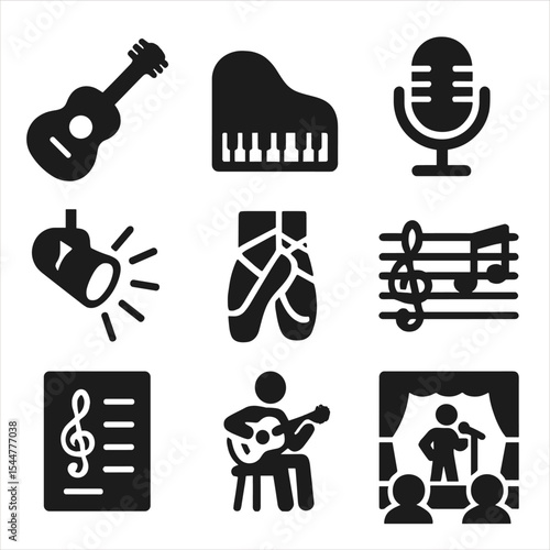 Music Icons Grid. Solid, filled icons set of music and performing arts: guitar, piano, microphone, stage spotlight, dance shoes, musical staff, sheet music, practice session, live performance.