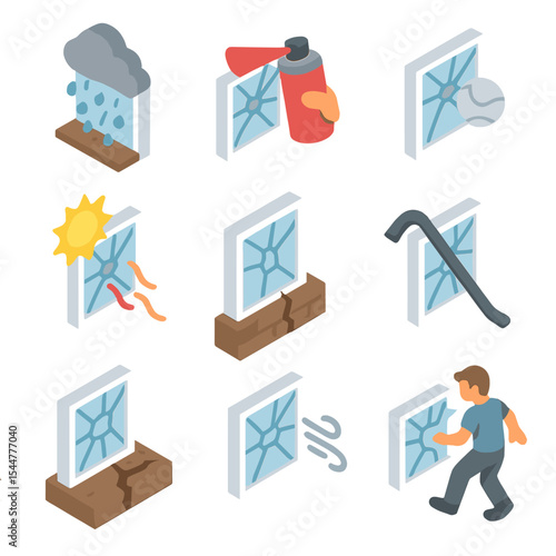 Window Breakage Causes Icons. Isometric Flat icon set of causes of window breakage: hailstorm, vandalism spray, baseball hit,
