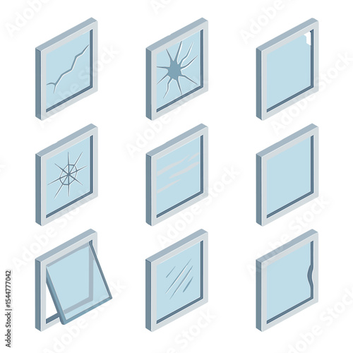 Window Damage Icons. Isometric Flat icon set of window damage types: cracked pane, shattered glass, chipped corner, spiderweb