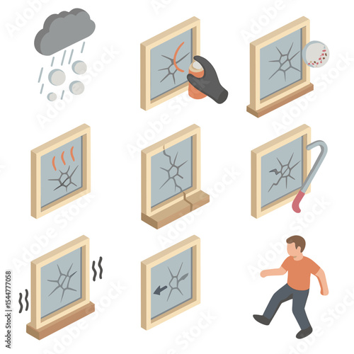Window Breakage Causes Icons. Isometric Flat icon set of causes of window breakage: hailstorm, vandalism spray, baseball hit,