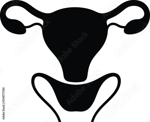 A black and white graphic illustration of a uterus with fallopian tubes and ovaries anatomy diagram silhouette