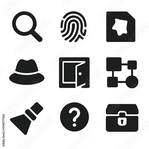 Mystery Icon Set. Solid, filled icons set of mystery and detective games: magnifying glass, fingerprint, clue