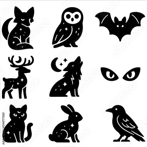 Mystical Night Creatures. Solid, filled icons set of mystical night creatures: moon fox, silent owl, night bat
