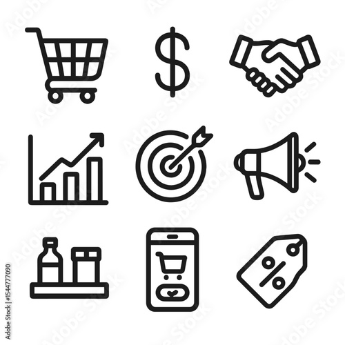 Sales Coaching Icons. Outline icon set of sales coaching: shopping cart, dollar sign, handshake, sales graph, target, megaphone,