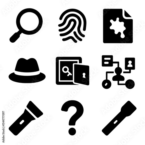 Mystery Icon Set. Solid, filled icons set of mystery and detective games: magnifying glass, fingerprint, clue