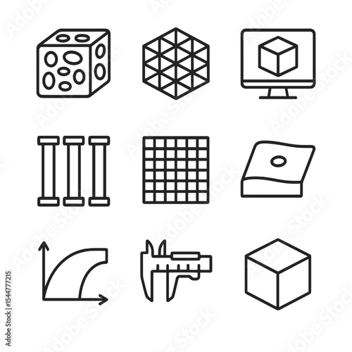 Scaffold Design Icons. Outline icon set of scaffold design: porous scaffold, lattice structure, CAD model, support pillars, mesh