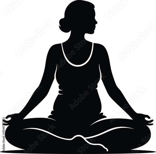 Silhouette of a woman in a yoga pose sitting cross legged with hands in mudra against white background