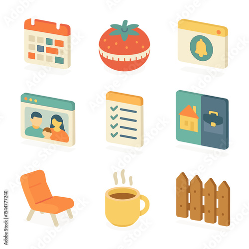 Work-Life Balance Icons. Isometric Flat icon set of work-life balance tools: calendar with blocked schedule, Pomodoro timer, break