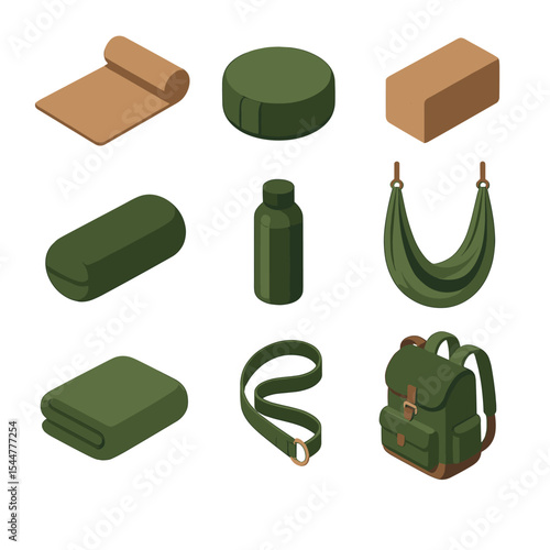 Yoga Gear Icons. Isometric Flat icon set of yoga equipment in the woods: cork yoga mat, meditation cushion, yoga block, bolster