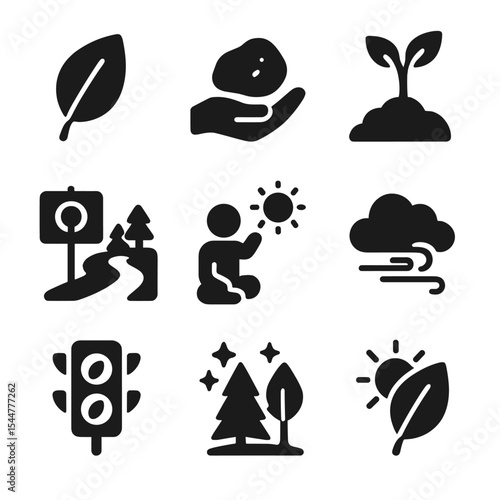 Nature Learning Icons. Solid, filled icons set of nature-inspired learning: leaf icon, rock find, garden grow,