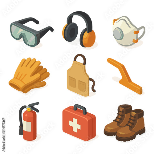Woodworking Safety Icons. Isometric Flat icon set of woodworking safety equipment: safety goggles, ear protection, dust mask,