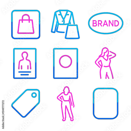 Neon Fashion Icons. Solid, filled icons set of fashion branding with neon visuals: logo overlay, styled outfit
