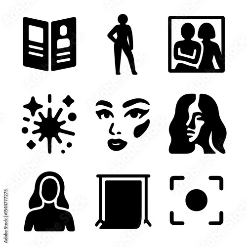 Neon Fashion Icons. Solid, filled icons set of editorial neon fashion sessions: editorial layout, bold pose,