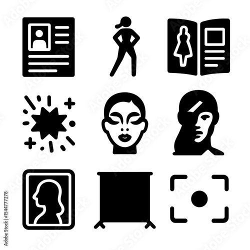 Neon Fashion Icons. Solid, filled icons set of editorial neon fashion sessions: editorial layout, bold pose,