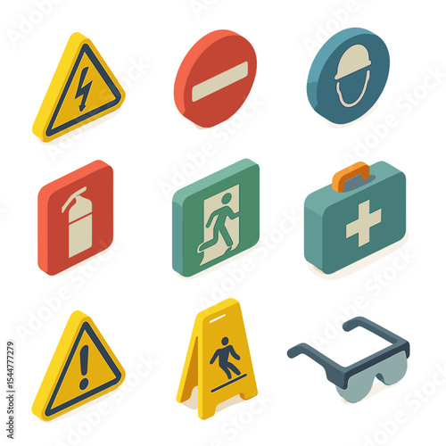 Workplace Safety Icons. Isometric Flat icon set of workplace safety alerts: high voltage sign, no entry sign, PPE required sign,