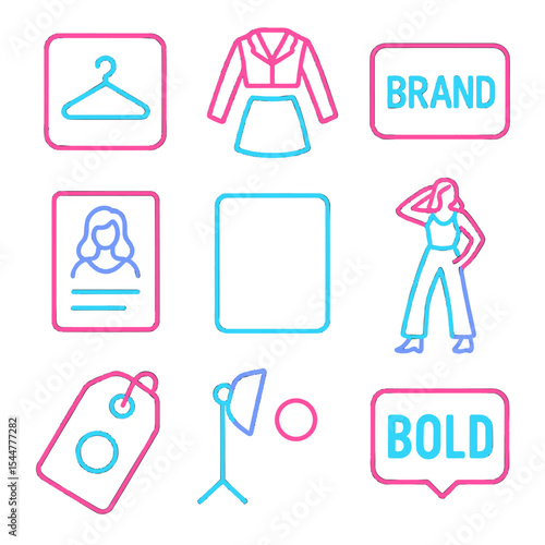 Neon Fashion Icons. Solid, filled icons set of fashion branding with neon visuals: logo overlay, styled outfit