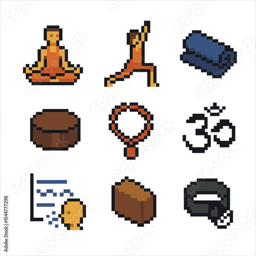 Yoga Pixel Art. Pixel art icon set of yoga rejuvenation: lotus pose, warrior pose, yoga mat, meditation cushion, mala beads, chant