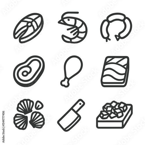 Seafood and Meats Icons. Outline icon set of seafood and meats: fish fillet, shrimp, sausage link, steak cut, chicken drumstick,