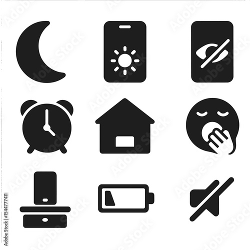 Nighttime Phone Habits Icons. Solid, filled icons set of nighttime phone habits: moon icon, dim screen, blue