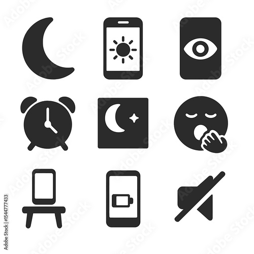 Nighttime Phone Habits Icons. Solid, filled icons set of nighttime phone habits: moon icon, dim screen, blue