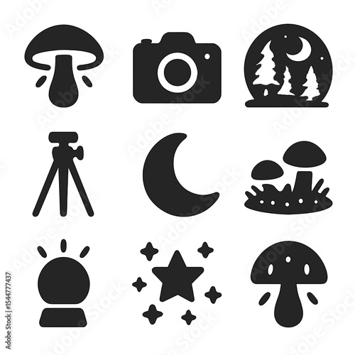 Nighttime Forest Icons. Solid, filled icons set of nighttime forest wonders: glowing mushroom, camera icon,
