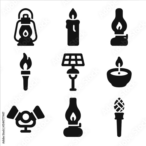 Non-Electric Lighting Icons. Solid, filled icons set of non-electric lighting alternatives: oil lantern,