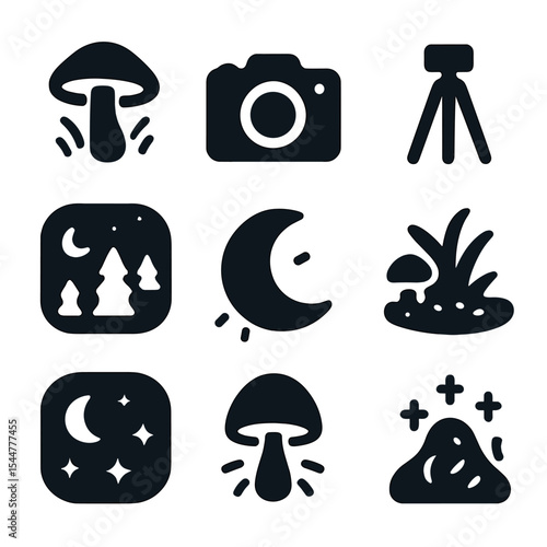 Nighttime Forest Icons. Solid, filled icons set of nighttime forest wonders: glowing mushroom, camera icon,