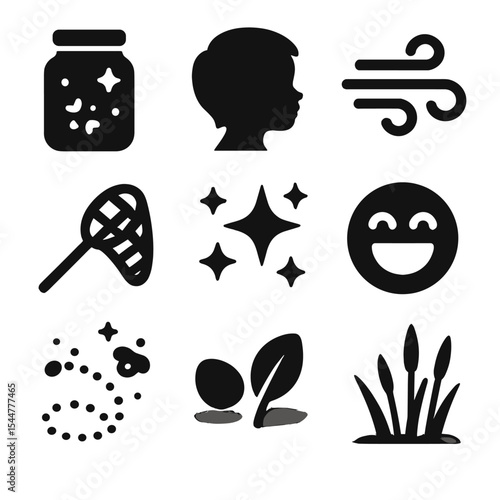 Nostalgic Summer Icons. Solid, filled icons set of nostalgic summer memories: glowing jar, childhood