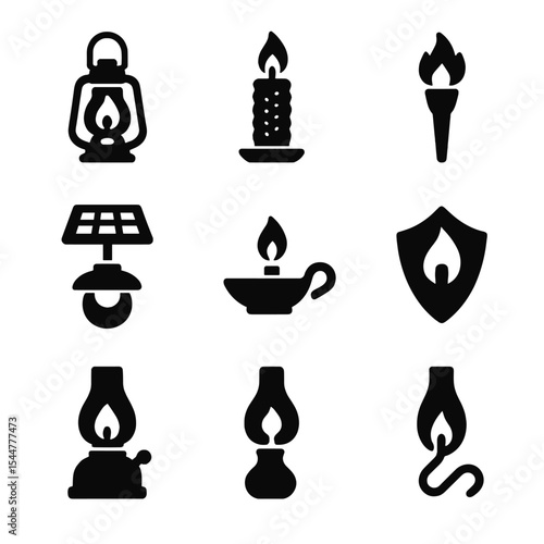 Non-Electric Lighting Icons. Solid, filled icons set of non-electric lighting alternatives: oil lantern,