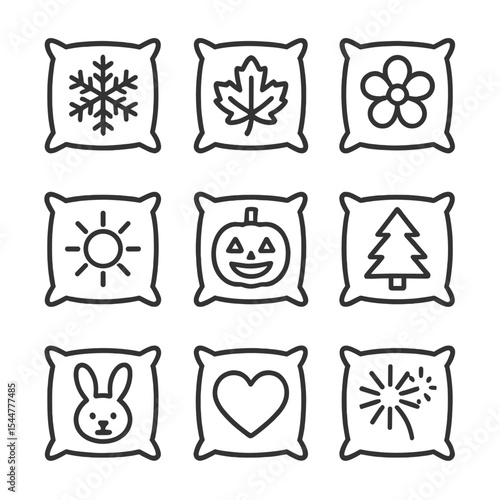 Seasonal Pillow Icon Set. Outline icon set of seasonal pillow themes: holiday snowflake, autumn leaf, spring bloom, summer sun,