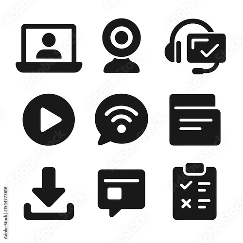 Online Learning Icons. Solid, filled icons set of online learning sessions: laptop screen, webcam icon,