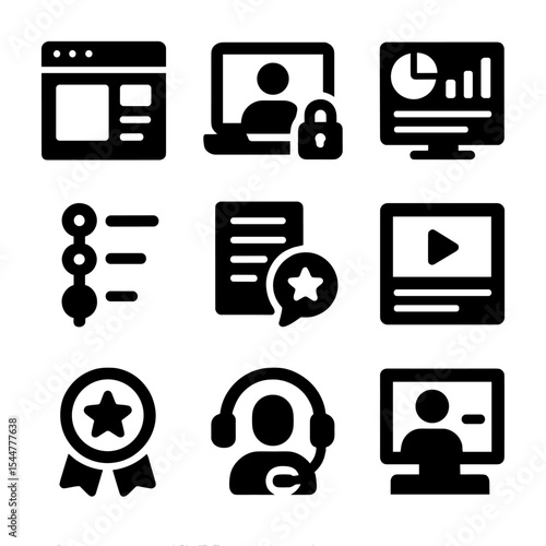 Online Education Icons. Solid, filled icons set of online education platforms: course portal, student login,