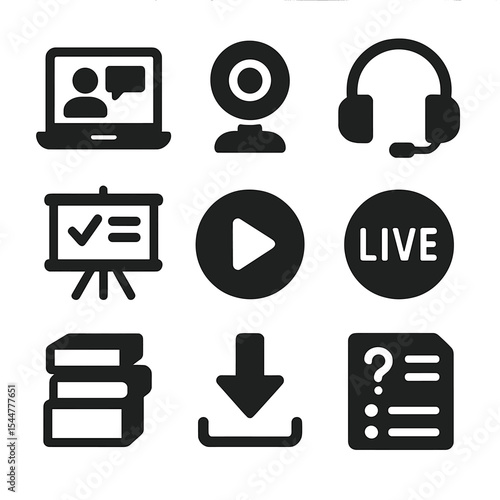 Online Learning Icons. Solid, filled icons set of online learning sessions: laptop screen, webcam icon,