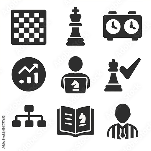 Online Chess Icon Grid. Solid, filled icons set of online chess tournaments: chessboard, king piece, move