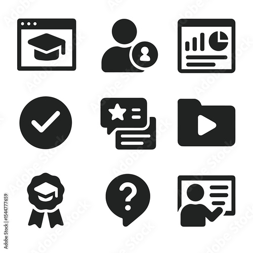 Online Education Icons. Solid, filled icons set of online education platforms: course portal, student login,