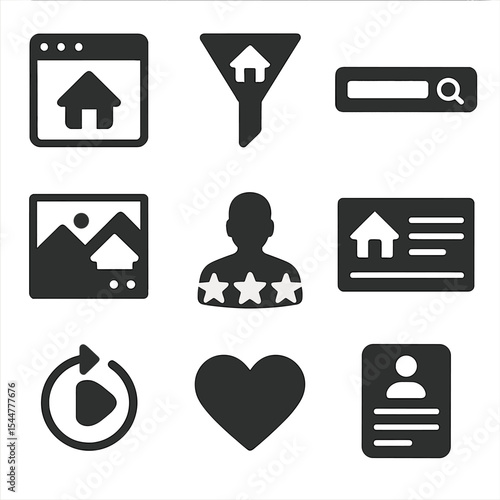 Online Property Platform Icons. Solid, filled icons set of online property platforms: website icon, filter