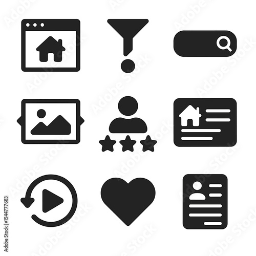 Online Property Platform Icons. Solid, filled icons set of online property platforms: website icon, filter