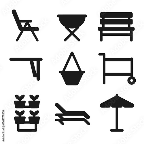 Outdoor Furniture Icons. Solid, filled icons set of outdoor space-saving furniture: foldable patio chair,