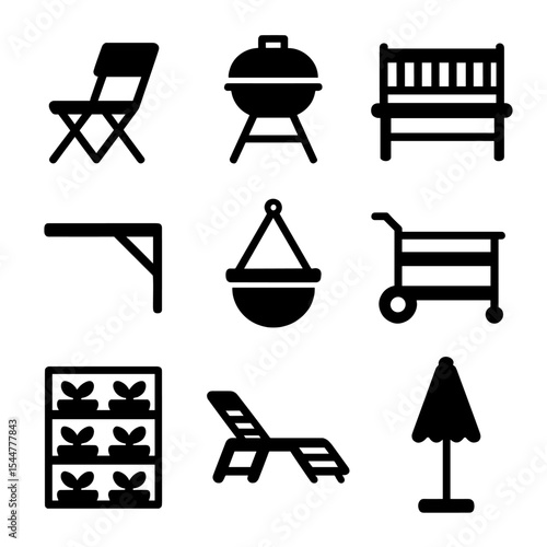 Outdoor Furniture Icons. Solid, filled icons set of outdoor space-saving furniture: foldable patio chair,